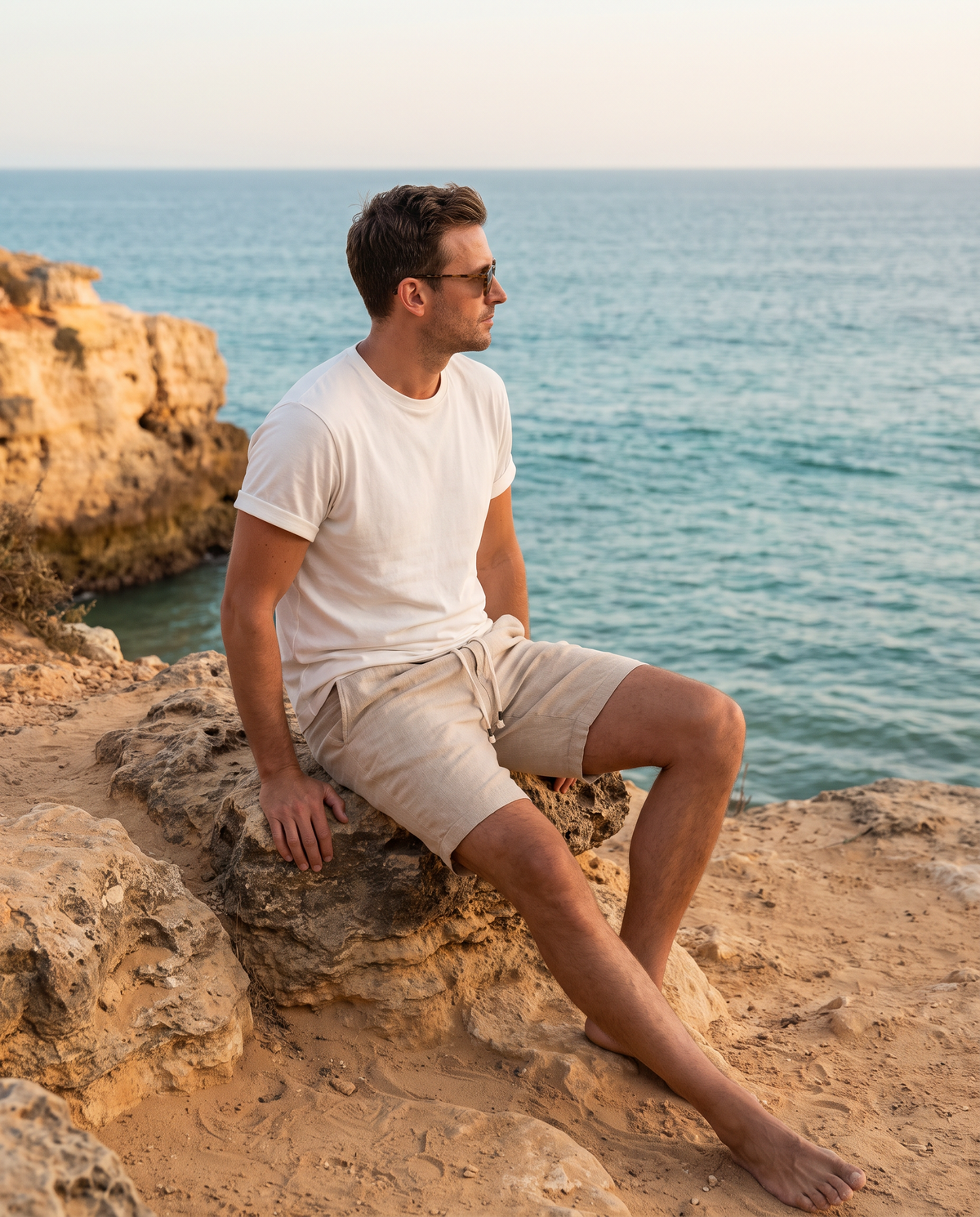 Man in a white tee and beige drawstring shorts seated on sandstone rocks by the sea