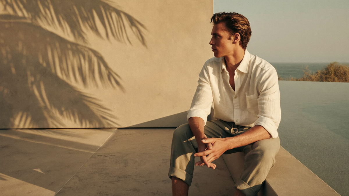 Man in a white linen shirt seated on a sunny poolside terrace by the sea