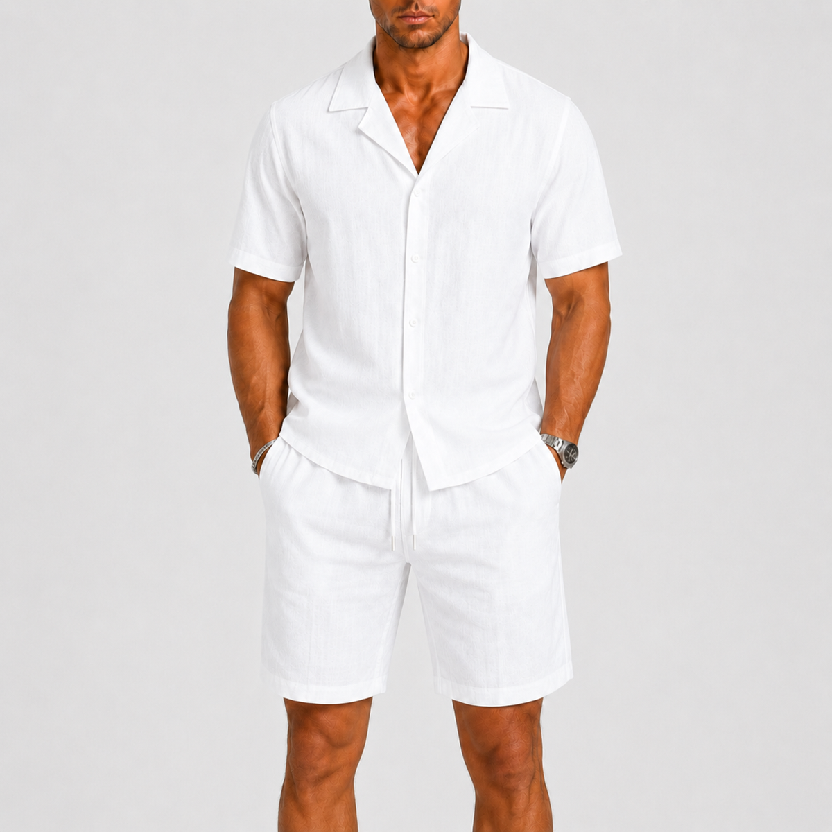 Men's camp collar shirt and shorts set – colour option