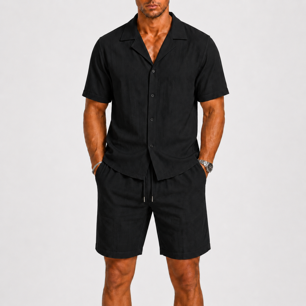 Men's camp collar shirt and shorts set – detail view