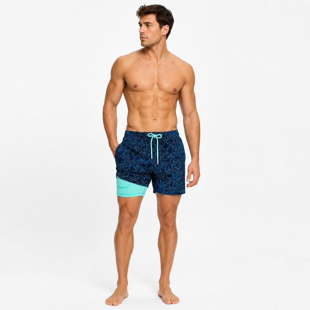 Men's printed compression-lined swim shorts with drawstring waist