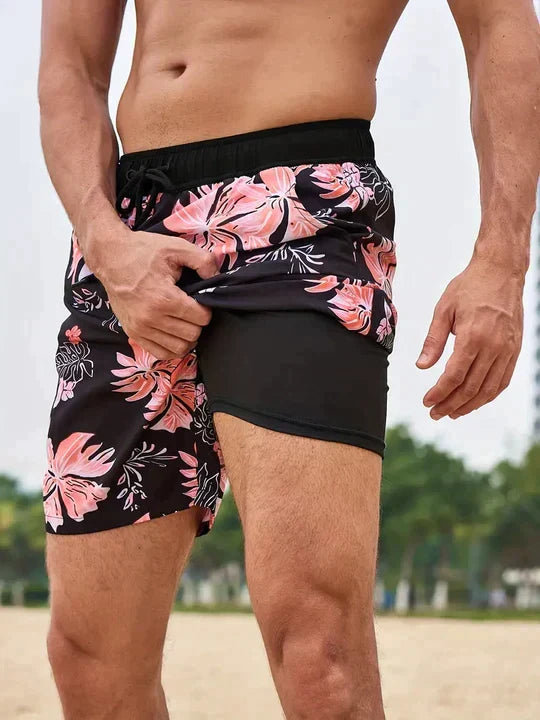 Men's Compression-Lined Printed Swim Shorts