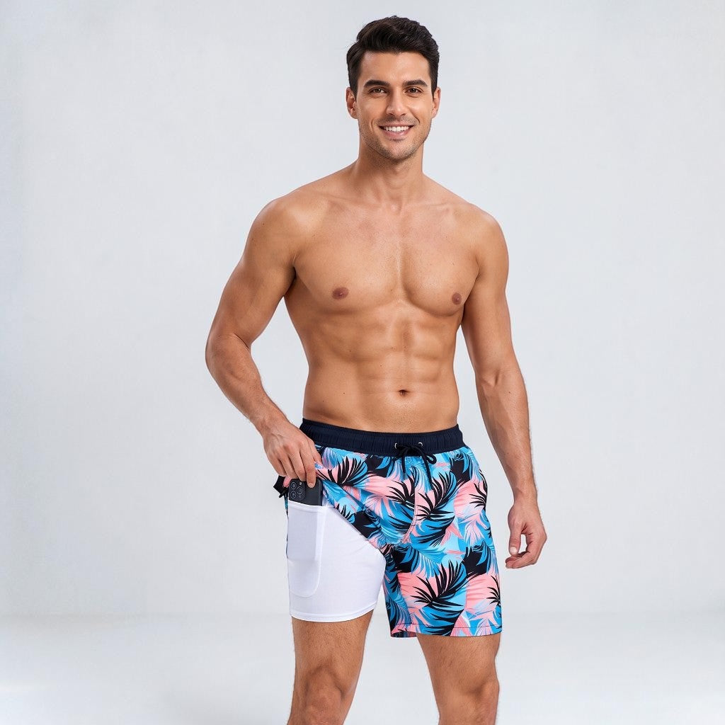 Men's Compression-Lined Printed Swim Shorts