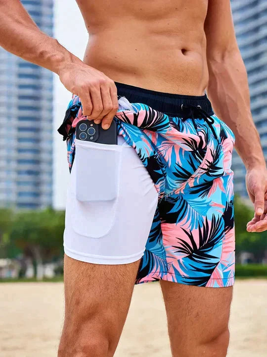 Men's Compression-Lined Printed Swim Shorts