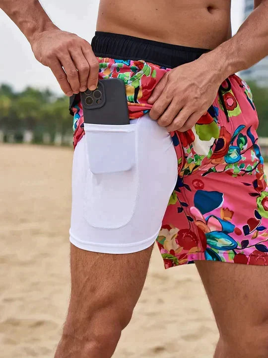 Men's Compression-Lined Printed Swim Shorts