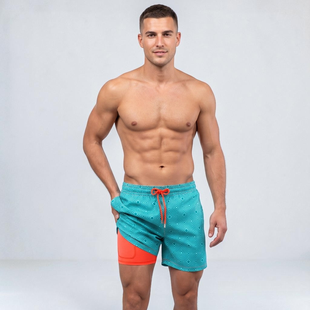 Men's Compression-Lined Printed Swim Shorts