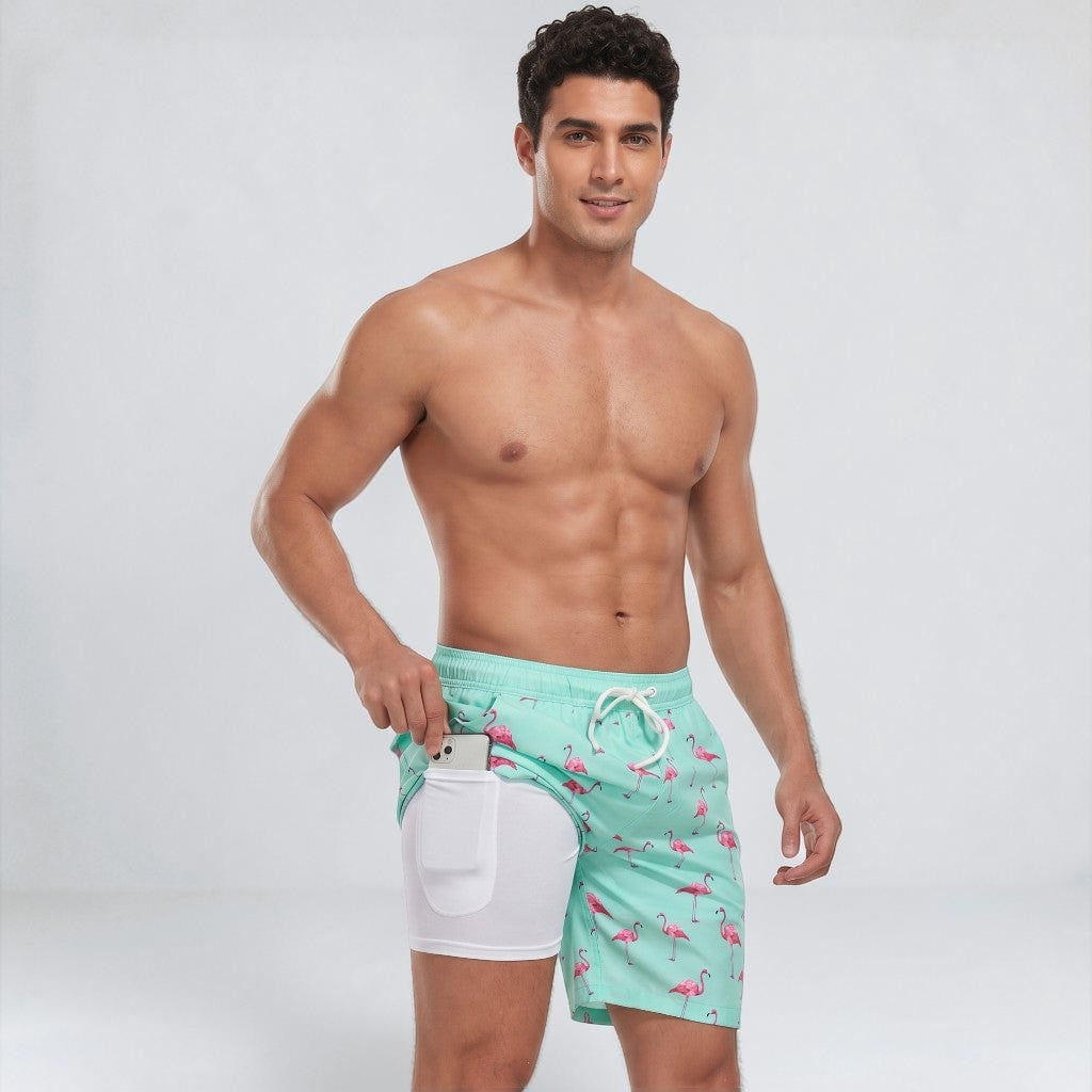 Men's Compression-Lined Printed Swim Shorts