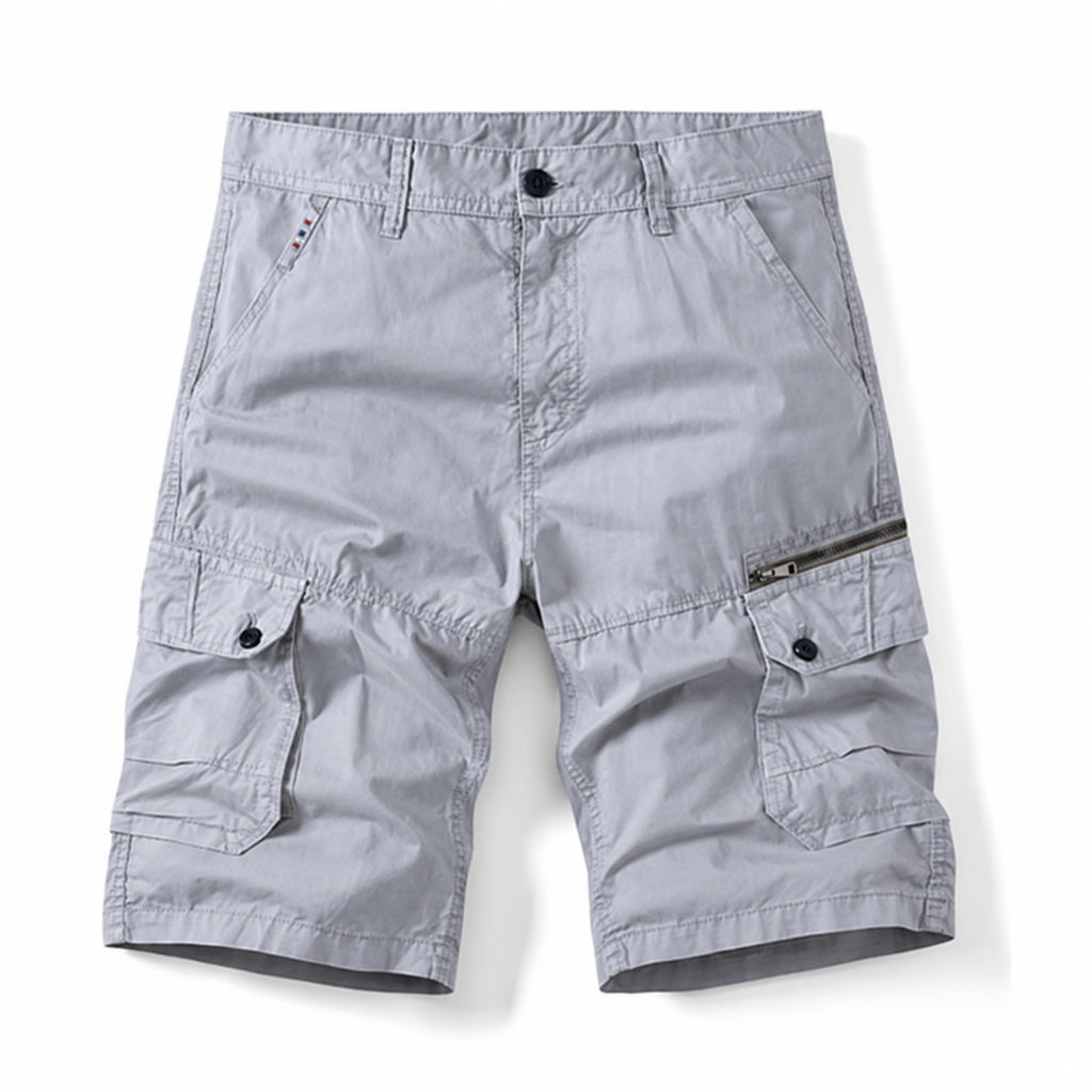 Men's cotton below-knee cargo shorts with zip and flap pockets
