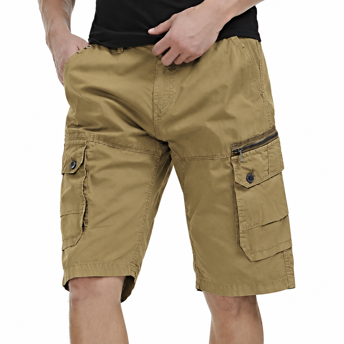 Men's Cotton Below-Knee Cargo Shorts with Zip Pockets