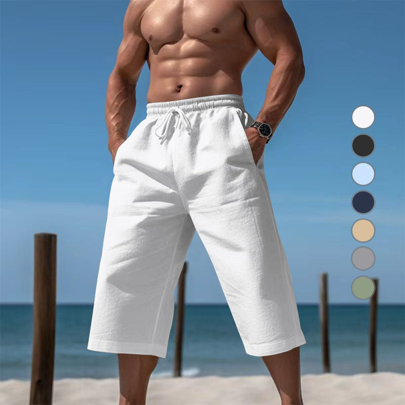 Men's cotton-linen blend knee-length Bermuda shorts with drawstring waist