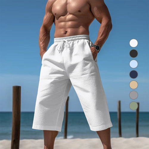 Men's cotton-linen blend knee-length Bermuda shorts with drawstring waist