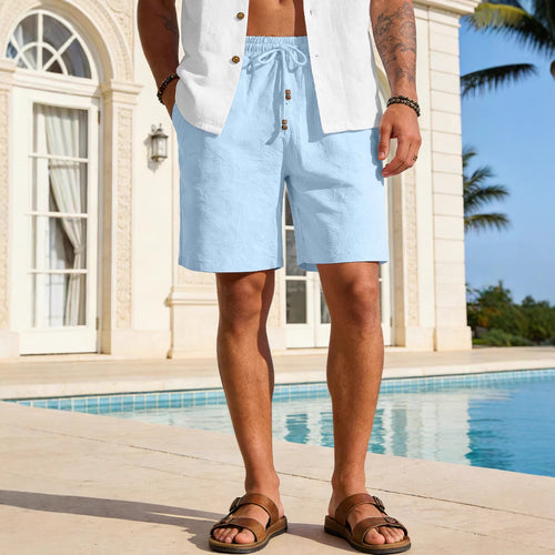 Men's cotton-linen Bermuda shorts with button placket – colour option