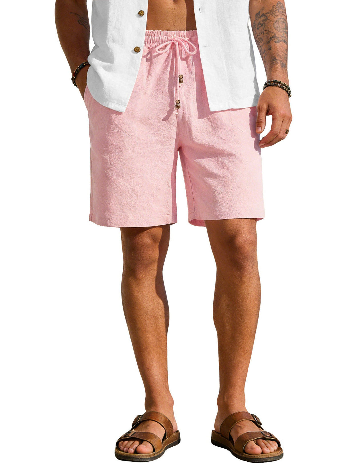 Men's cotton-linen Bermuda shorts with button placket – colour option