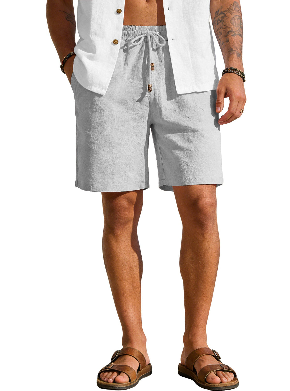 Men's cotton-linen Bermuda shorts with button placket – alternate view