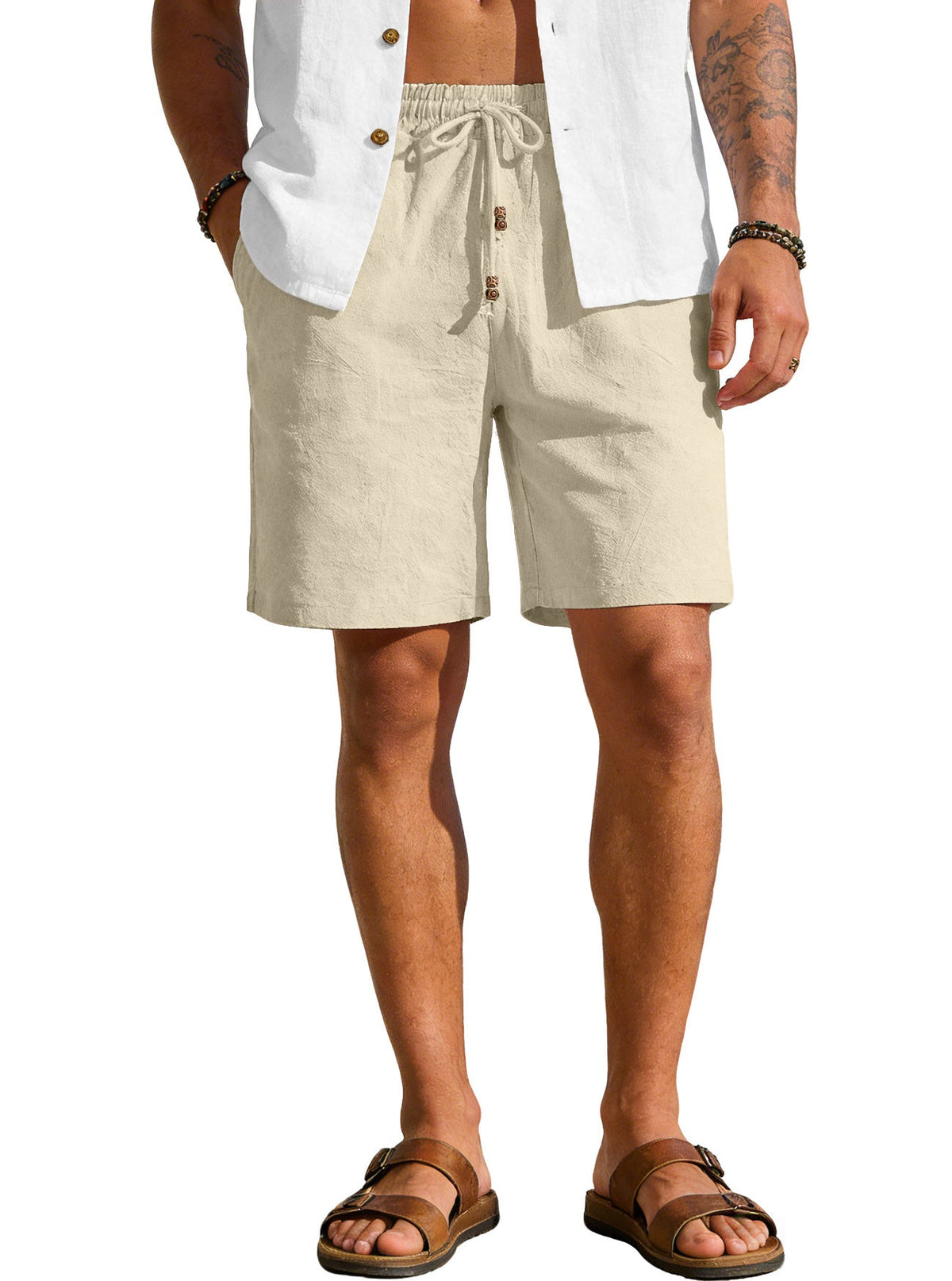 Men's Cotton-Linen Blend Bermuda Shorts with Button Placket