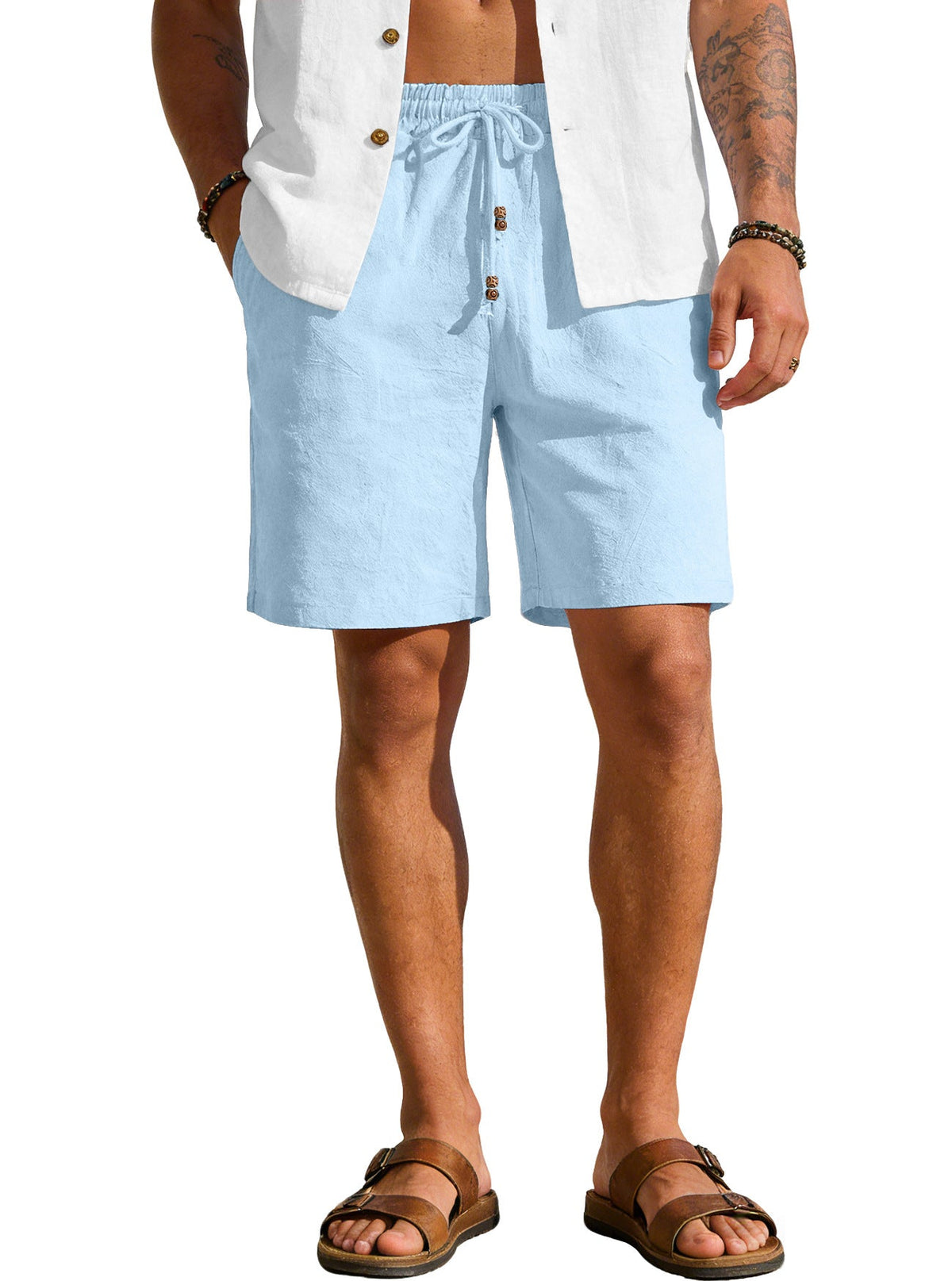 Men's Cotton-Linen Blend Bermuda Shorts with Button Placket
