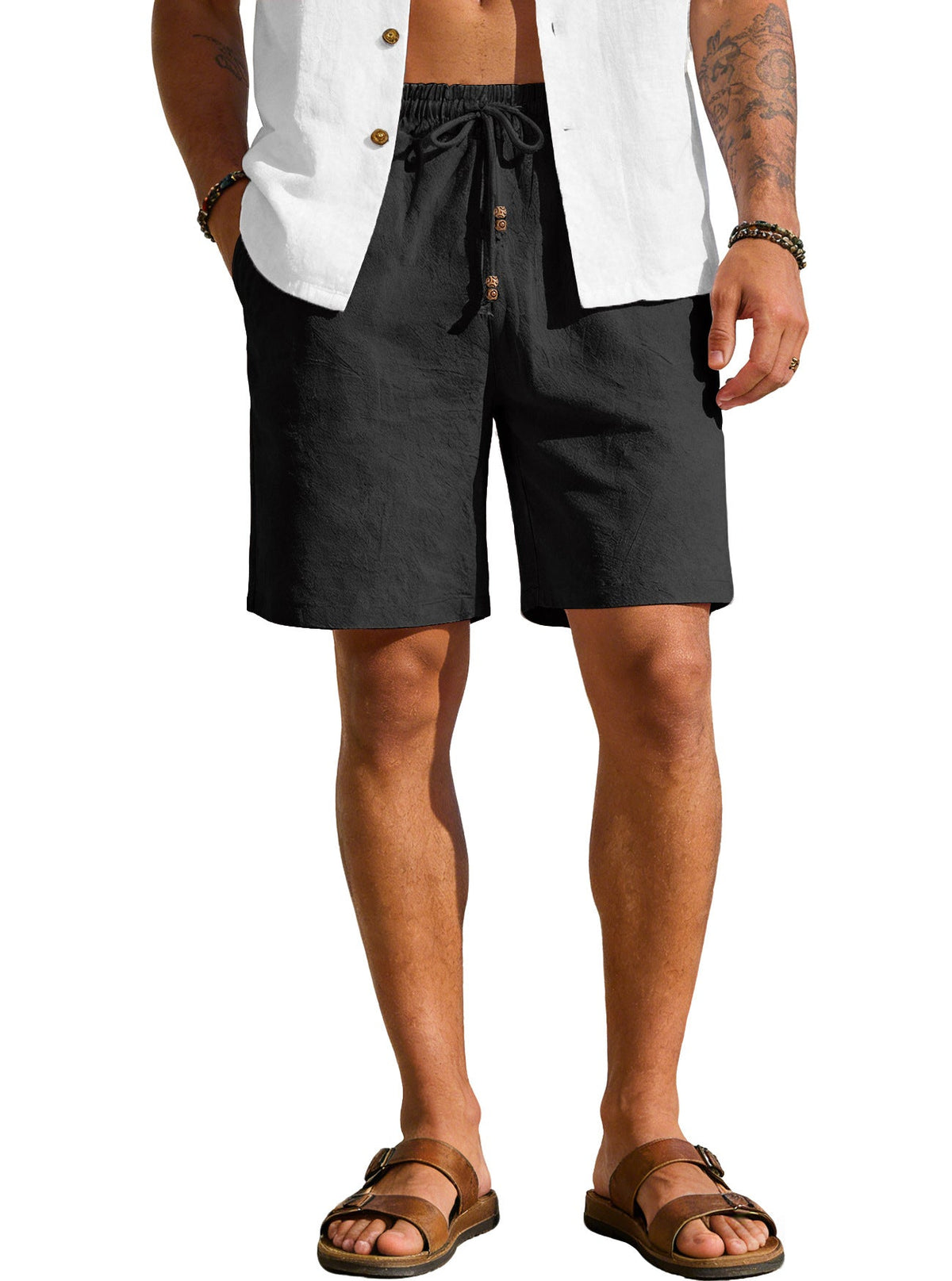 Men's Cotton-Linen Blend Bermuda Shorts with Button Placket