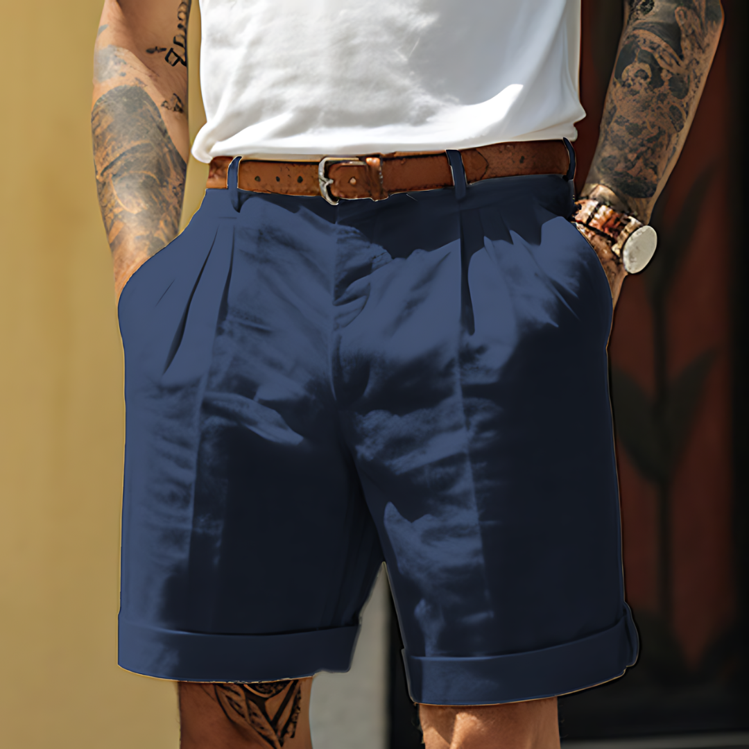 Men's pleated cotton-linen chino shorts – colour option