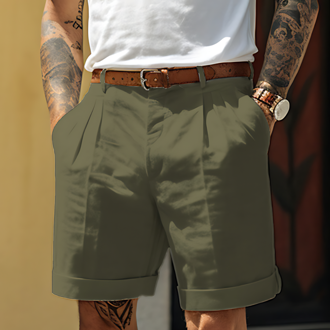 Men's pleated cotton-linen chino shorts – colour option