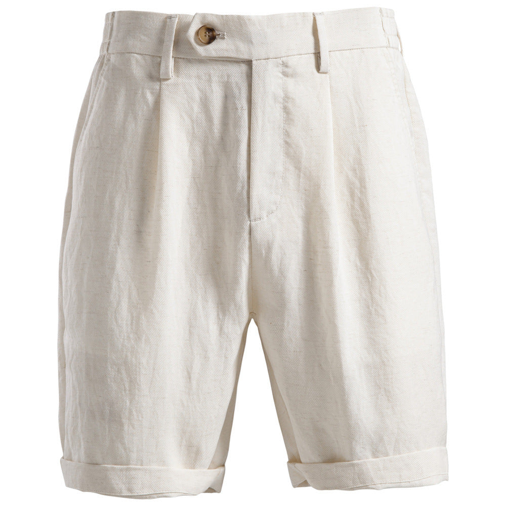 Men's cotton-linen blend pleated shorts with turn-up hem and belt loops
