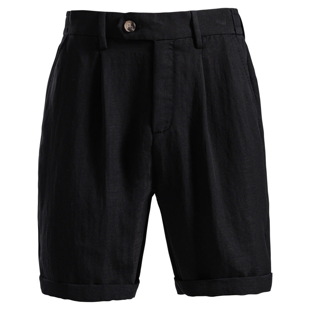Men's Cotton-Linen Blend Pleated Shorts with Turn-Up Hem