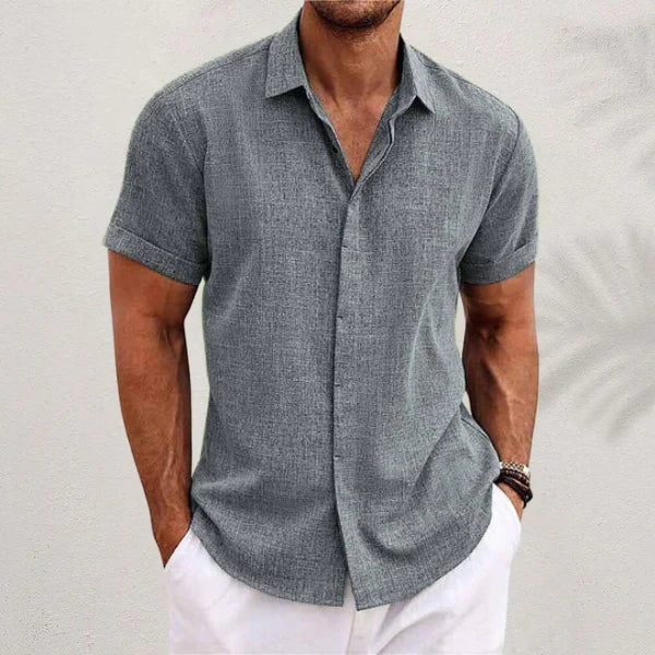Men's cotton-linen blend short-sleeve shirt with classic collar