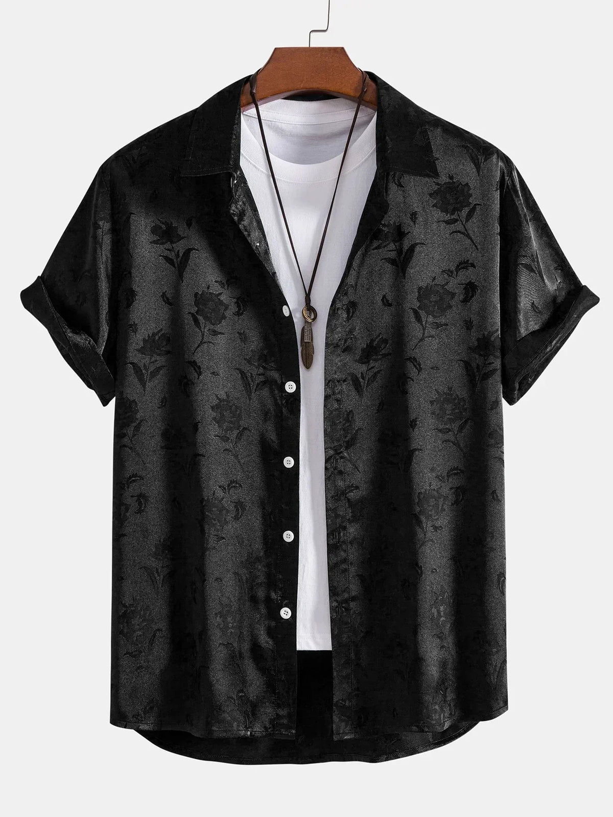 Men's floral short-sleeve button-up shirt with pointed collar