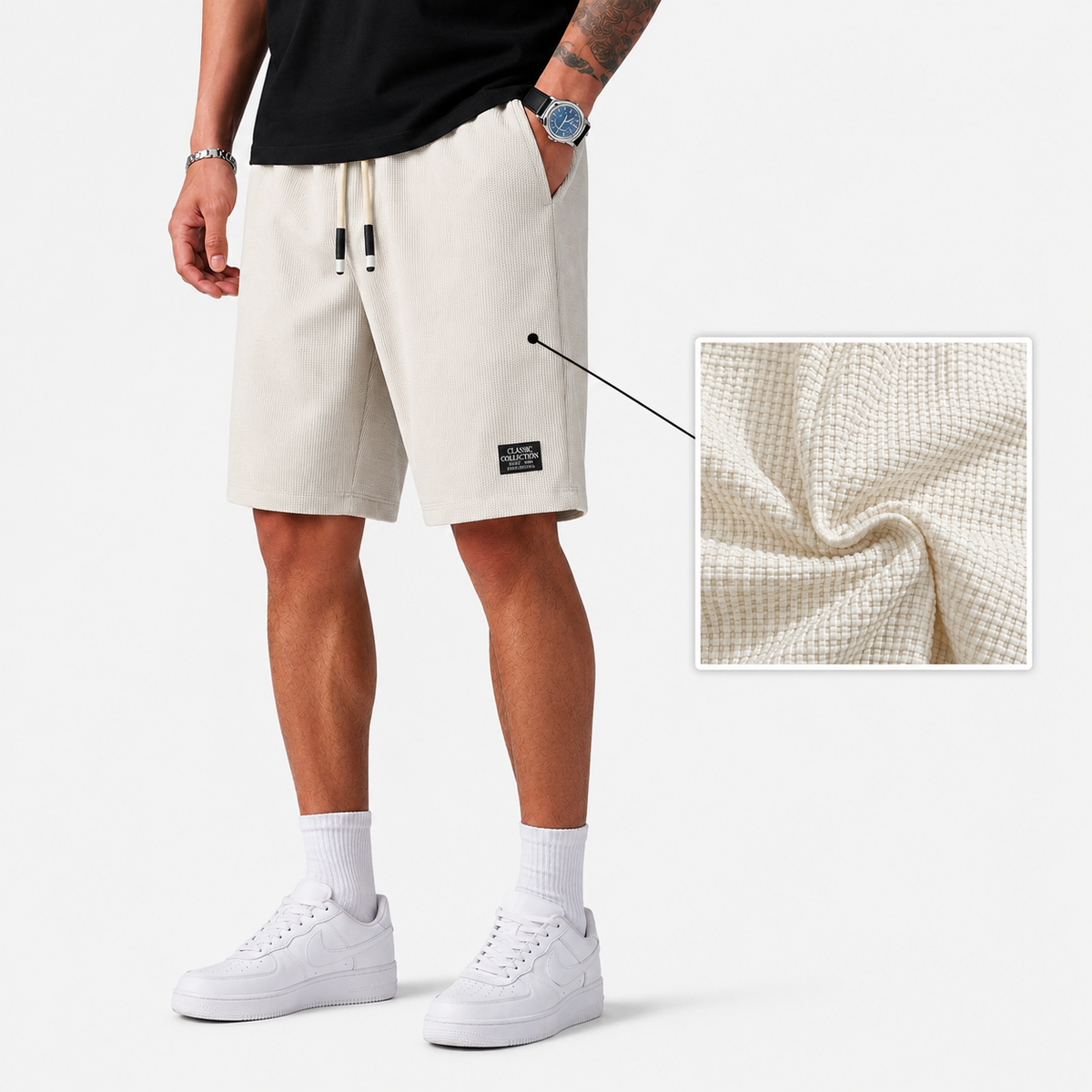 Men's grid texture knit drawstring shorts with side pockets