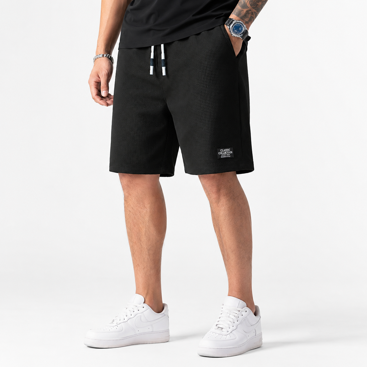 Men's grid texture drawstring shorts – colour option