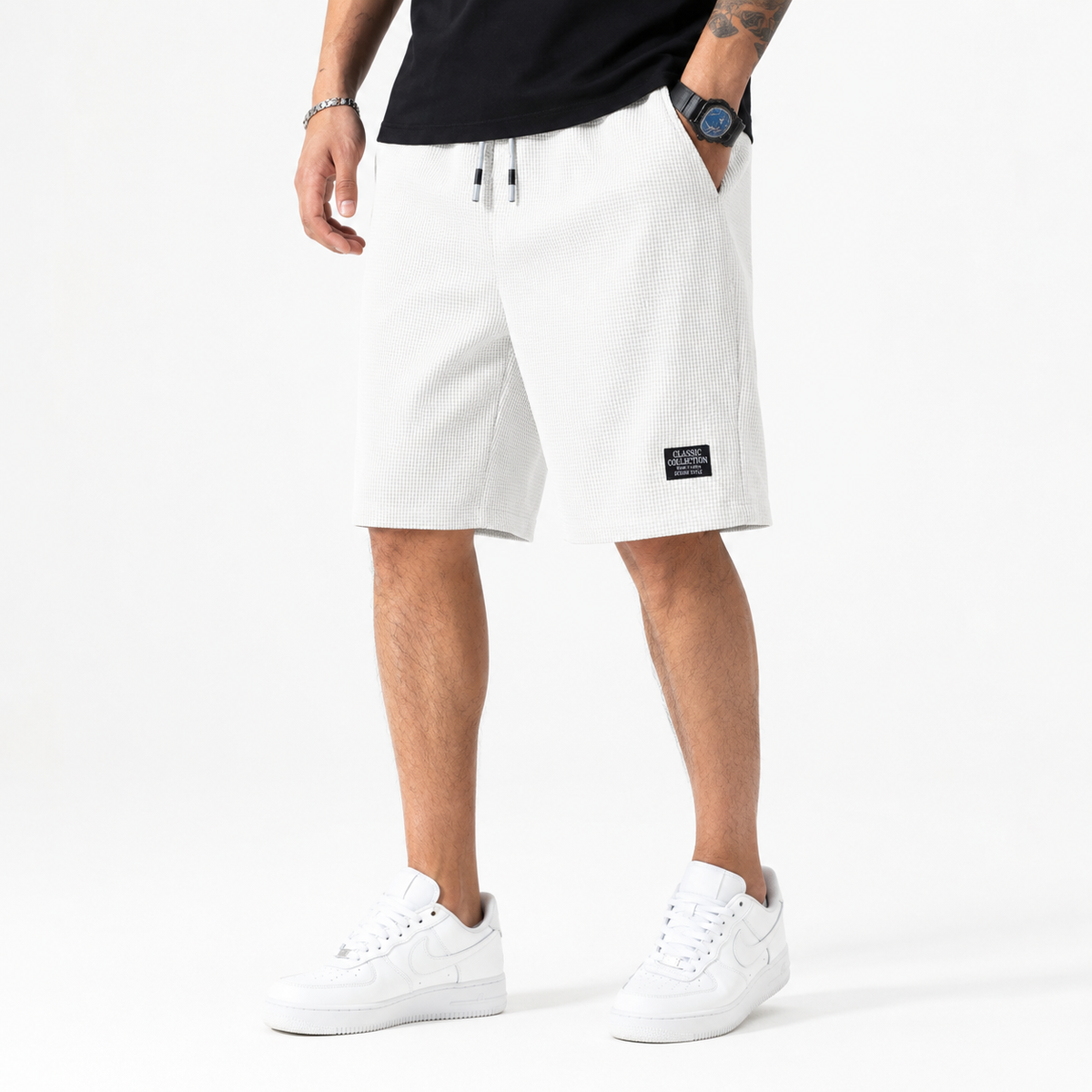Men's grid texture drawstring shorts – alternate view
