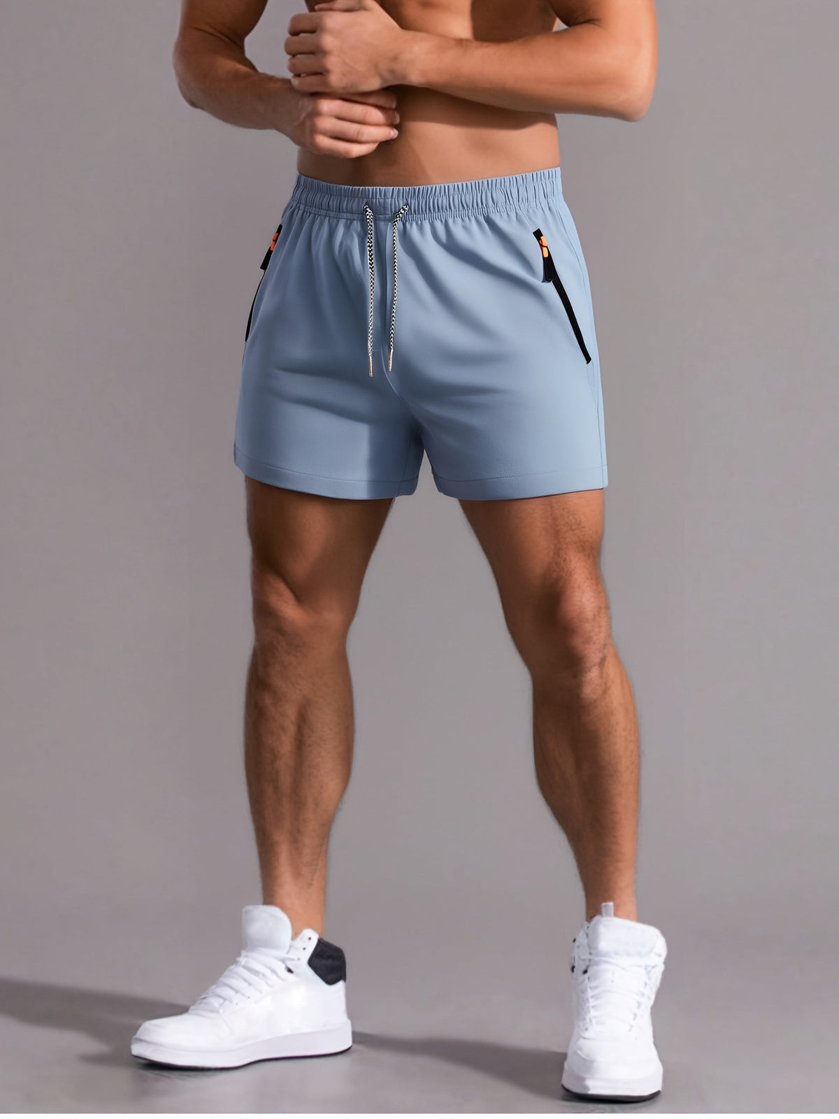 Men's gym shorts with zip pockets and drawstring waist