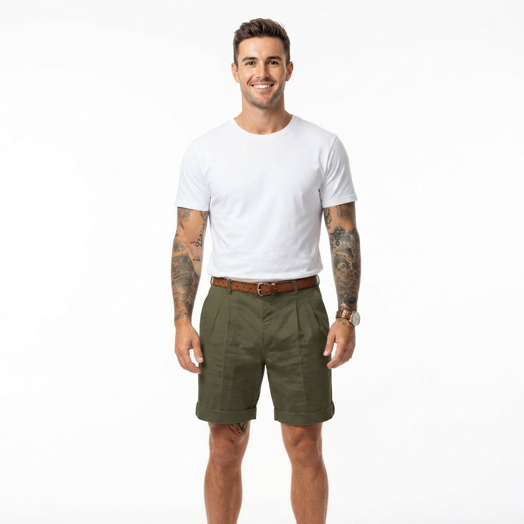 Men's linen-look pleated front shorts with rolled hems