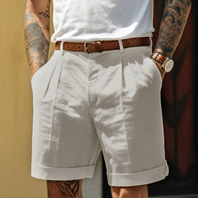 Men's Linen-Look Pleated Shorts with Rolled Hem