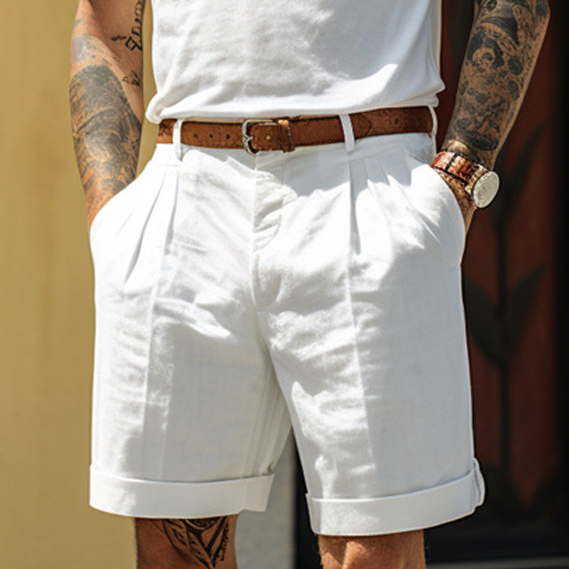 Men's Linen-Look Pleated Shorts with Rolled Hem