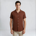 Men's linen-look short sleeve button-up shirt with point collar