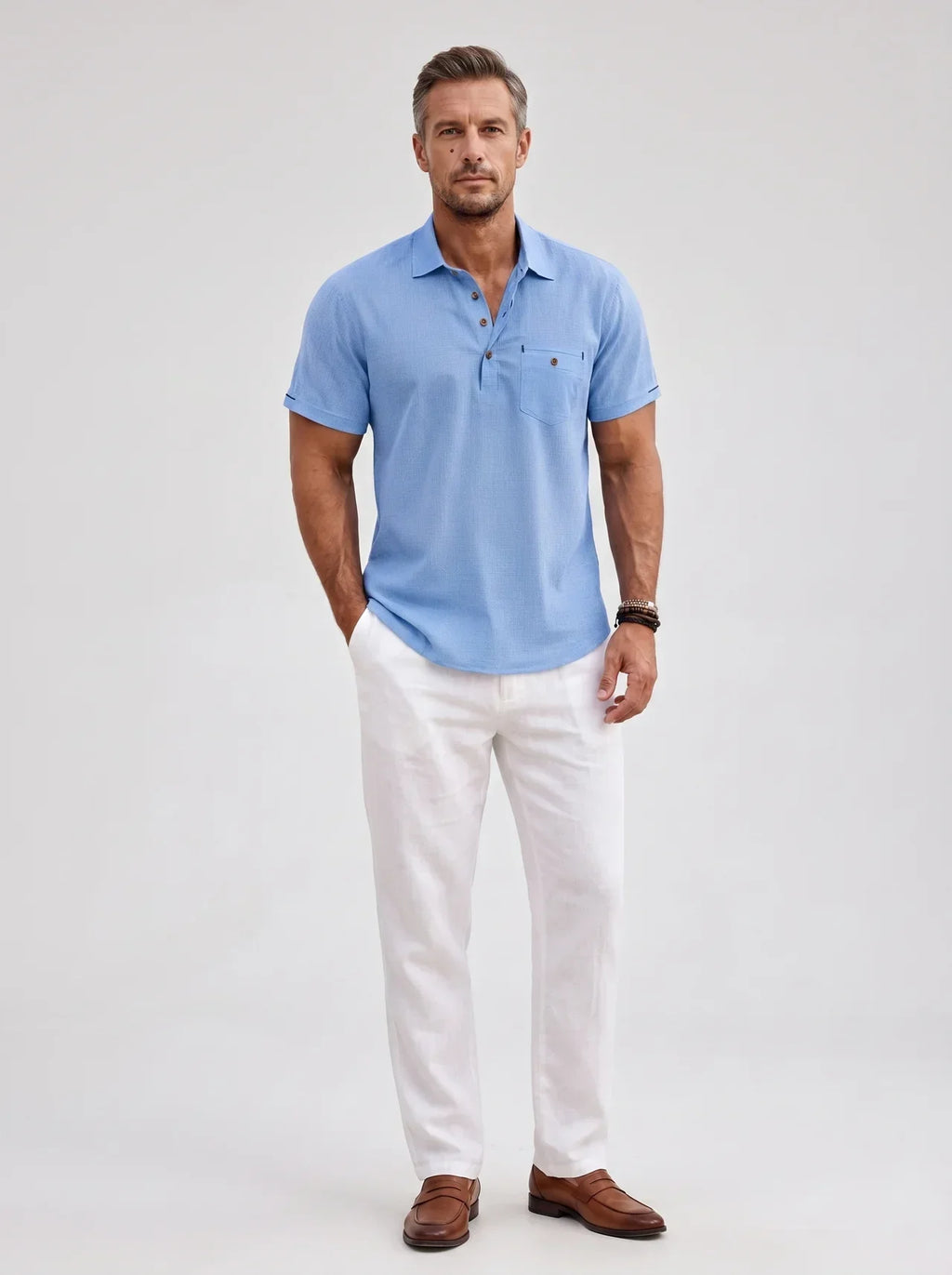 Men's linen-look short sleeve polo shirt