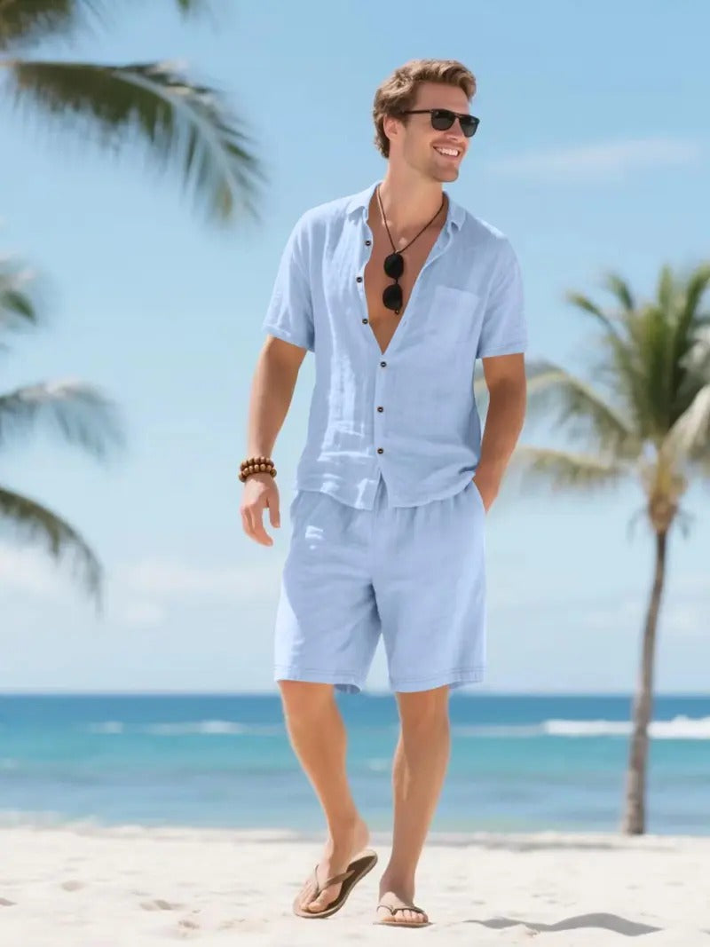 Men's linen-look short sleeve shirt and drawstring shorts set