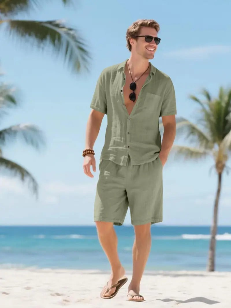 Men's linen-look shirt and shorts set – colour option