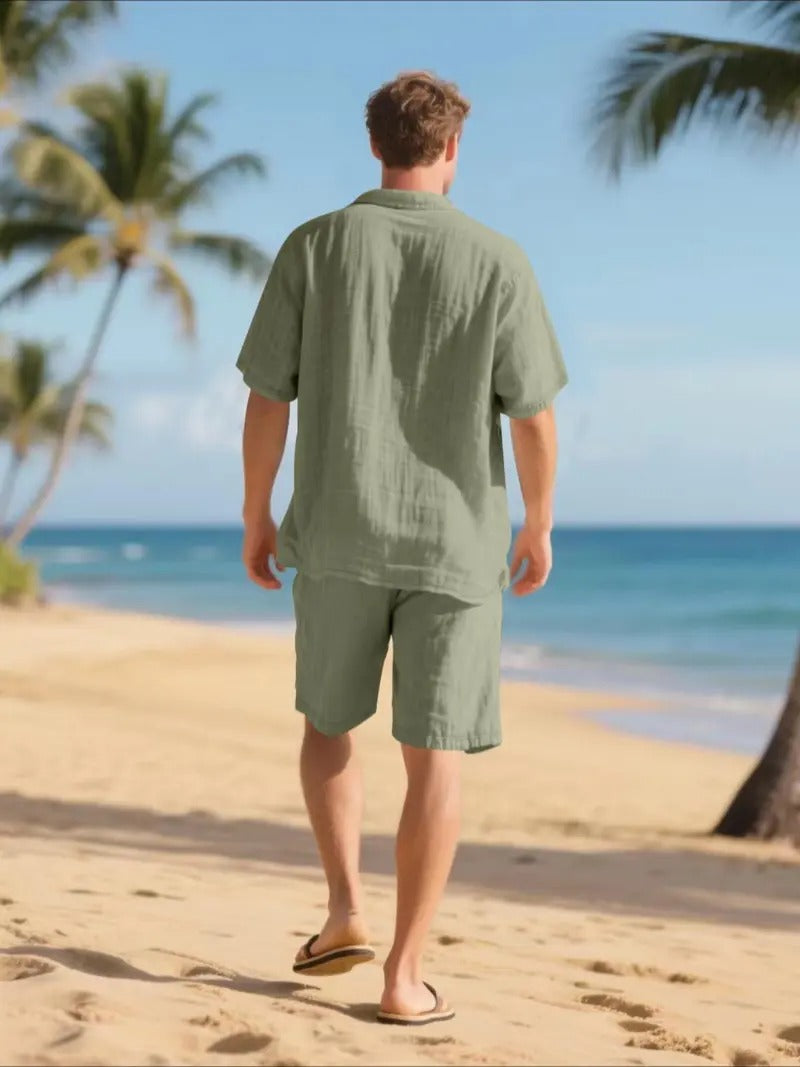Men's linen-look shirt and shorts set – colour option
