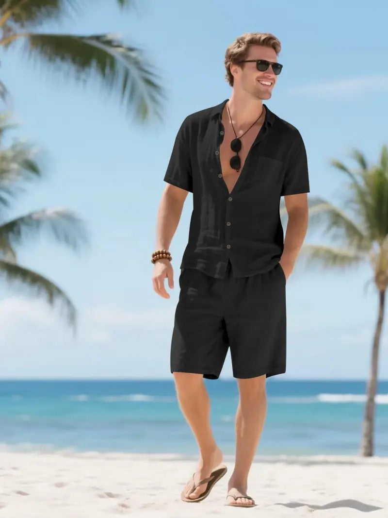 Men's Linen-Look Short Sleeve Shirt and Drawstring Shorts Set
