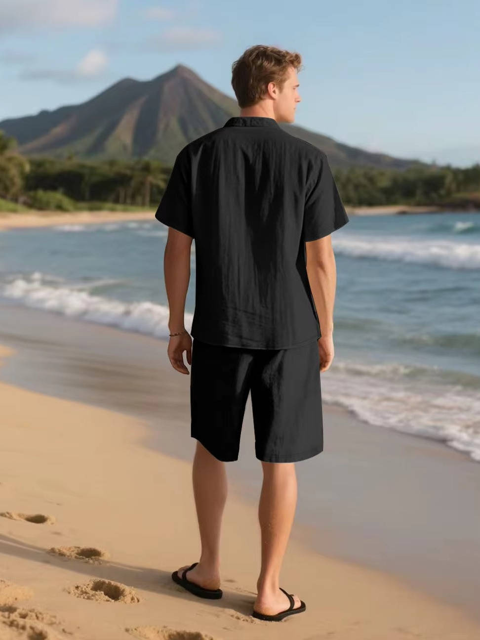 Men's Linen-Look Short Sleeve Shirt and Drawstring Shorts Set