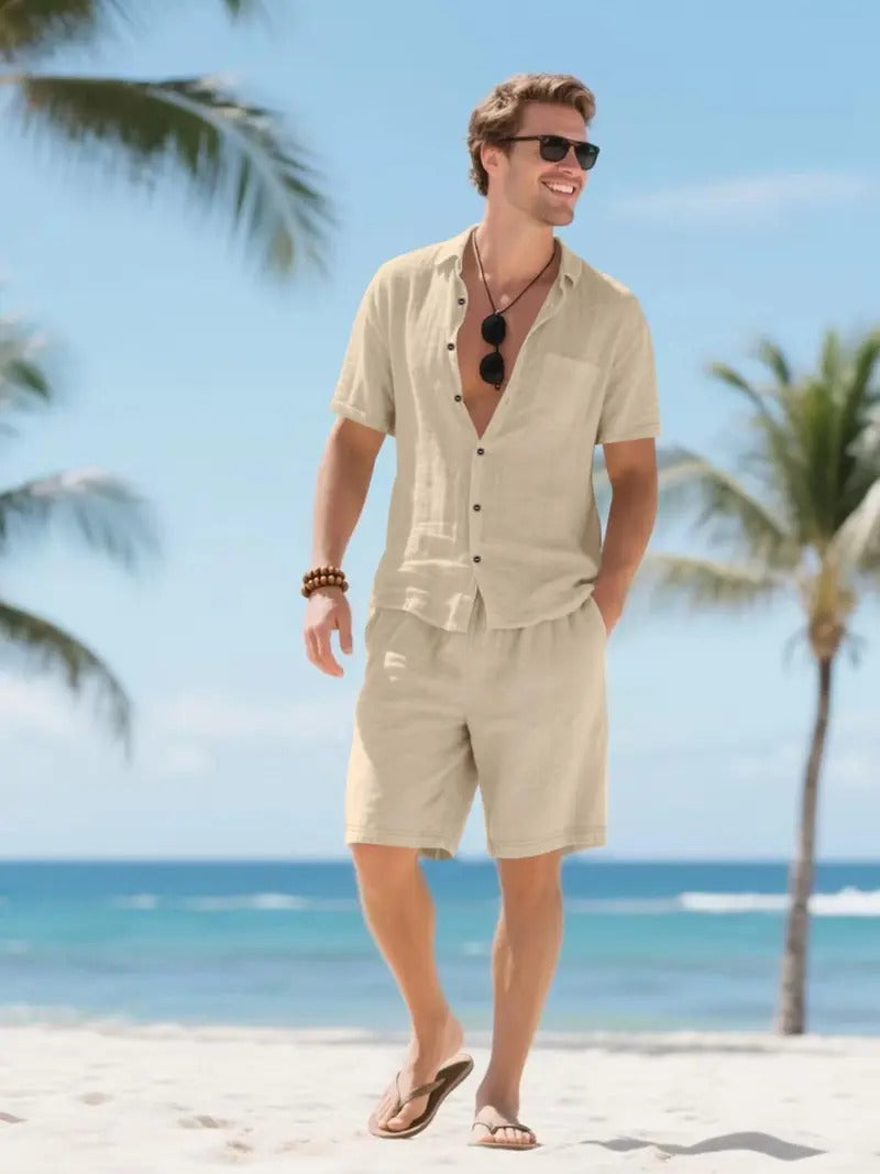 Men's Linen-Look Short Sleeve Shirt and Drawstring Shorts Set