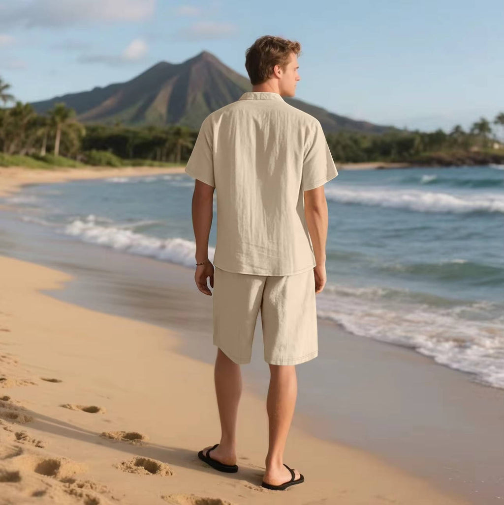 Men's Linen-Look Short Sleeve Shirt and Drawstring Shorts Set