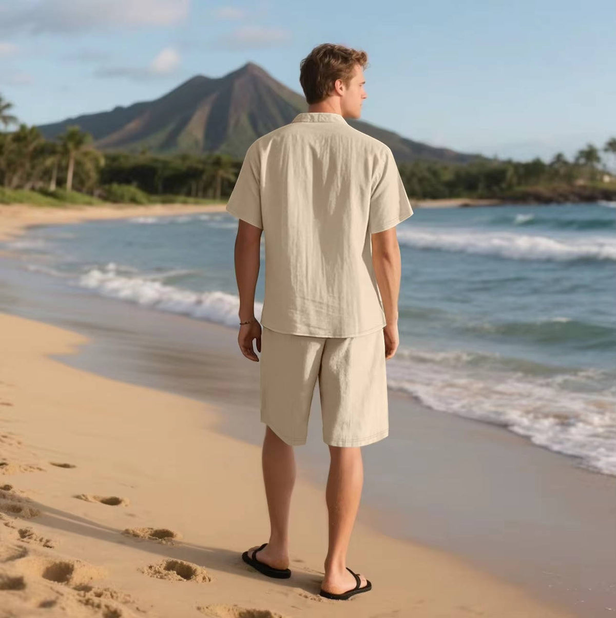Men's Linen-Look Short Sleeve Shirt and Drawstring Shorts Set