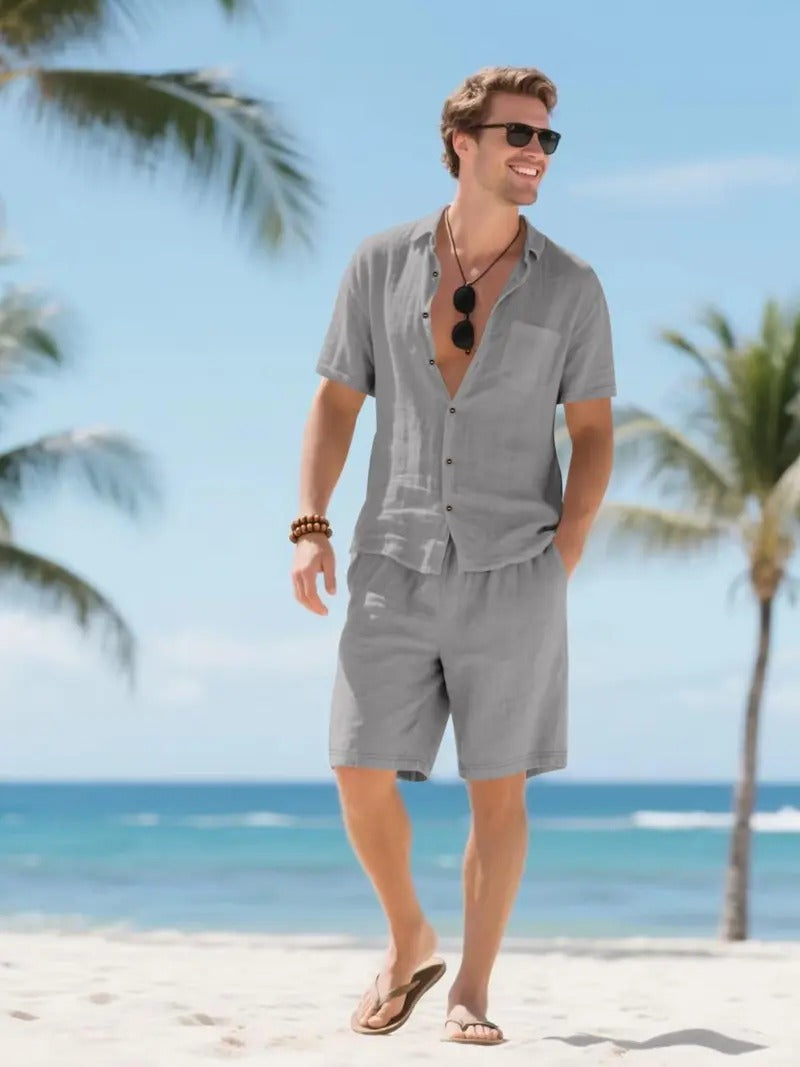 Men's Linen-Look Short Sleeve Shirt and Drawstring Shorts Set