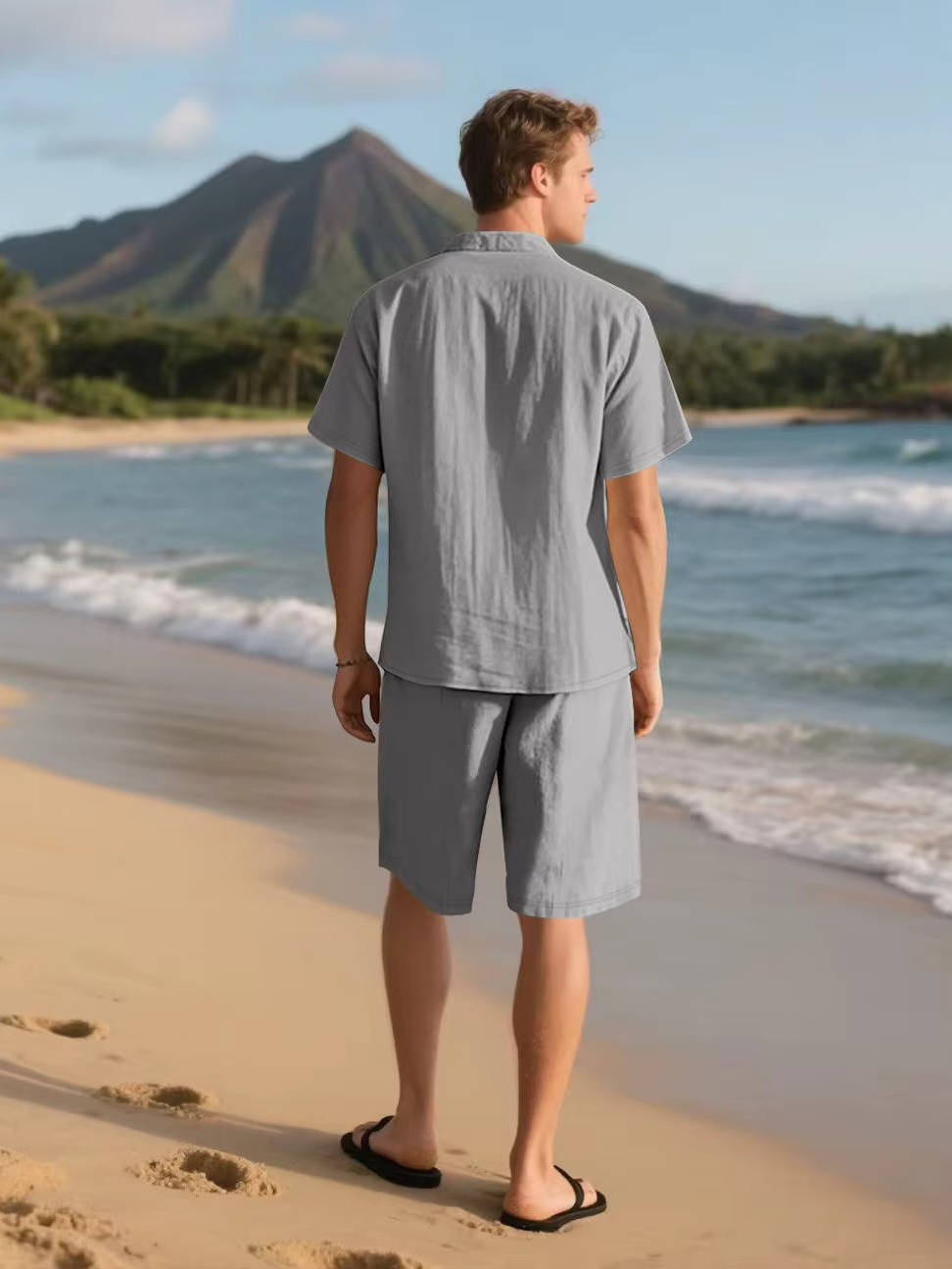 Men's Linen-Look Short Sleeve Shirt and Drawstring Shorts Set