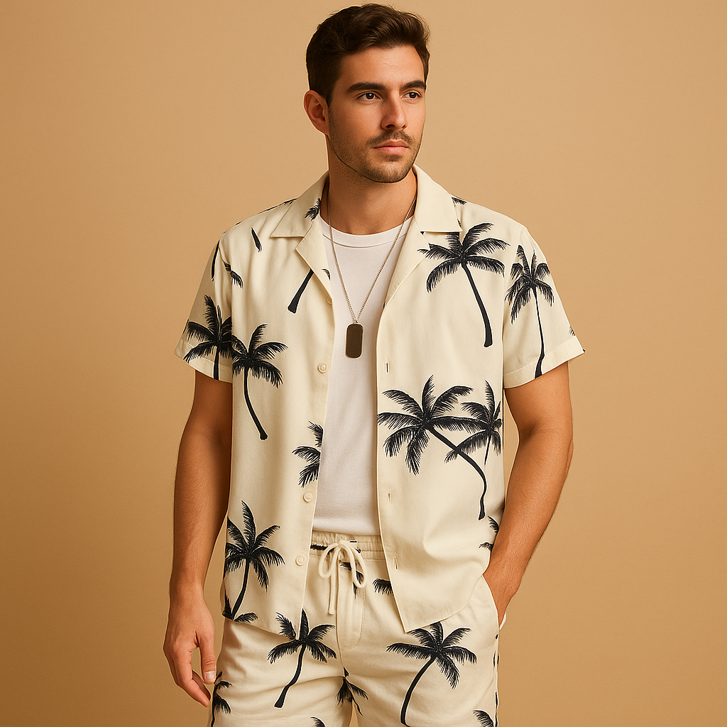 Men's palm print short sleeve shirt and shorts set