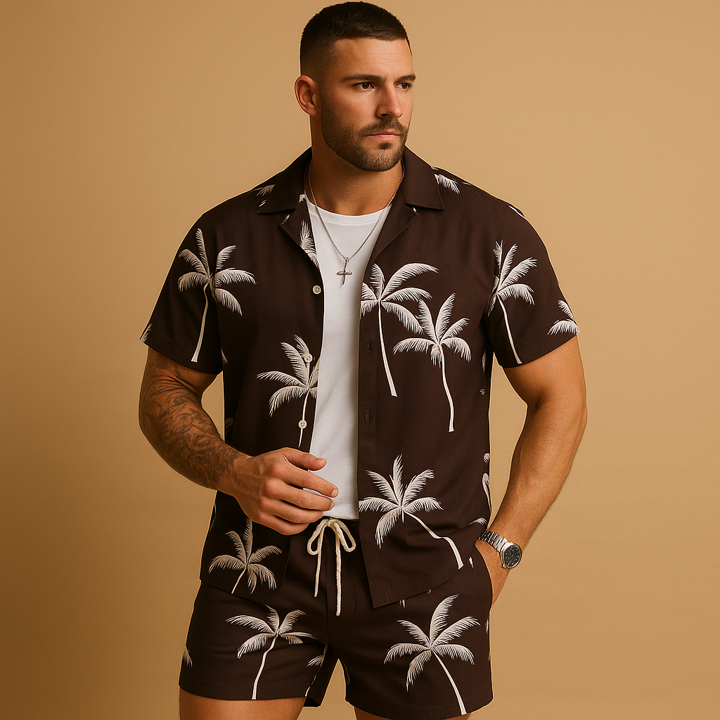 Men's palm print shirt and shorts set – colour option