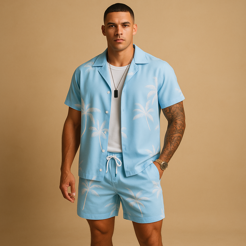Men's palm print shirt and shorts set – colour option