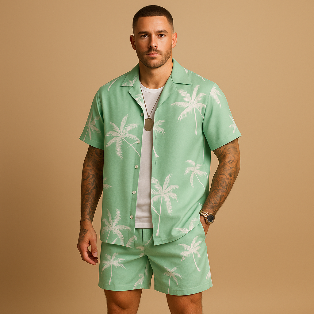 Men's palm print shirt and shorts set – colour option